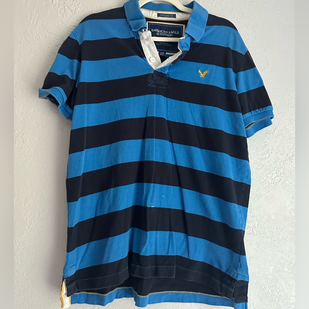 Men’s Large Blue and Black Striped American Eagle polo